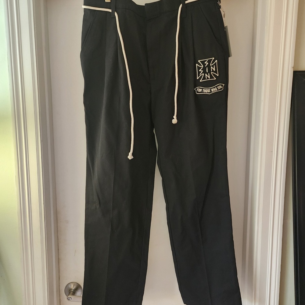 For Those Who Sin Black Pleated Rope Drawstring Trousers Embroidered Patch New